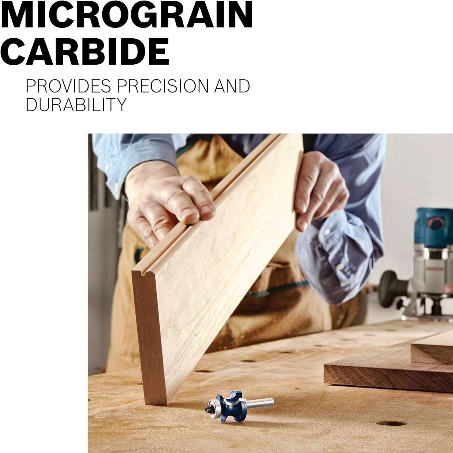 An infographic highlighting Bosch micrograin carbide technology, showing a woodworker holding a routed panel to demonstrate the precision and industrial-grade durability of the bit's cutting edges.