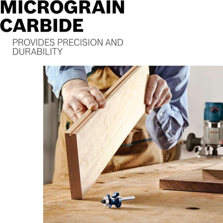 An infographic highlighting Bosch micrograin carbide technology, showing a woodworker holding a routed panel to demonstrate the precision and industrial-grade durability of the bit's cutting edges.