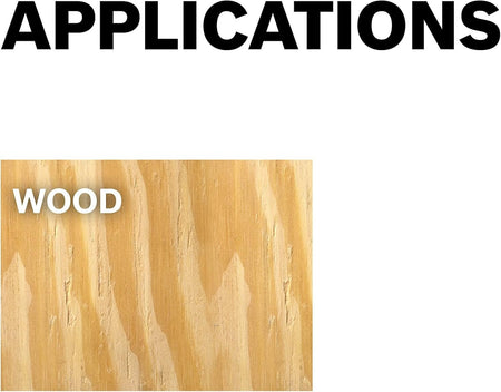 An application graphic illustrating the bit's effectiveness on wood surfaces, featuring a close-up of natural wood grain to emphasize clean, professional results in cabinetry and paneling.