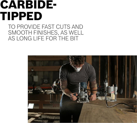A lifestyle shot of a professional woodworker in a workshop using a Bosch plunge router to mill a large wood slab, emphasizing the fast cuts and smooth finishes provided by carbide-tipped bits.