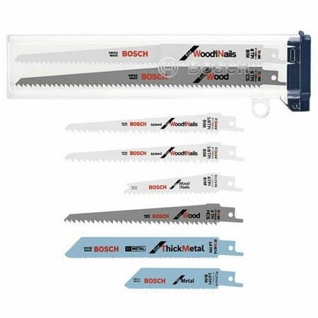 The complete Bosch RSAP8PK 8-piece reciprocating saw blade set, showcasing the various blades for wood, wood with nails, and metal, displayed individually and within the included clear storage case.