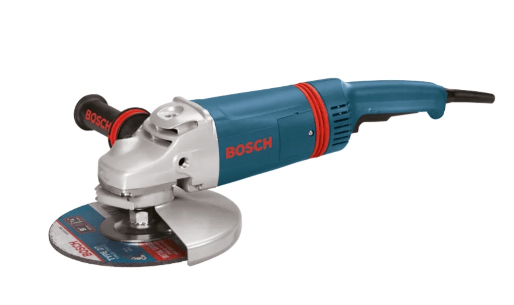 Bosch angle grinder with a blue and red body, silver metal housing, and a circular abrasive disc, shown on a plain white background.