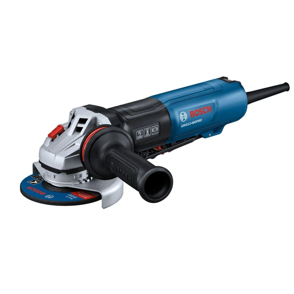 Bosch GWS12-450PBD 4-1/2-inch angle grinder with no lock-on paddle switch and anti-vibration side handle.
