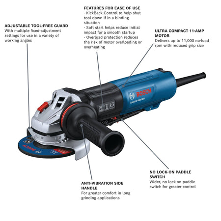 Diagram of Bosch GWS12-450PBD detailing the 11,000 RPM motor, paddle switch, KickBack Control, and tool-free guard.