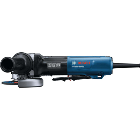 Underside profile of Bosch GWS12-450PBD highlighting the full-length ergonomic deadman paddle switch.