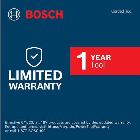 Bosch corded power tool 1-year limited warranty guarantee badge with customer service contact info.