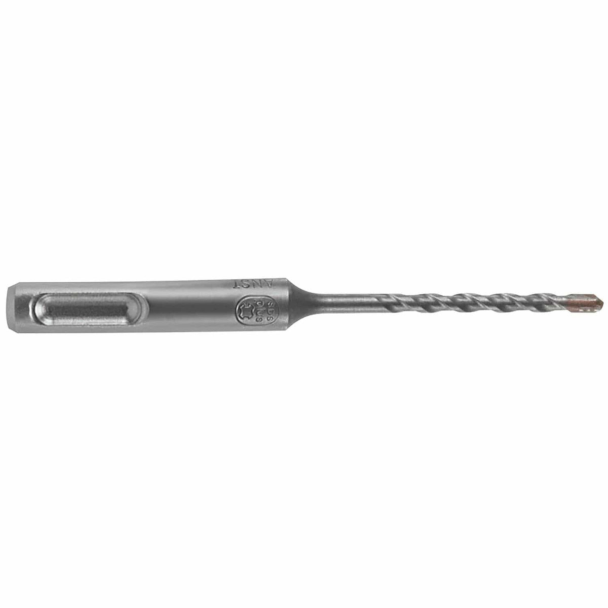 Bosch B80034 SDS Plus shank hammer drill bit shown horizontally on a crisp white background, highlighting its thick slotted SDS-plus machining shank stamped with an official product emblem, a precision-machined right-hand dual spiral flute flute design for continuous dust clearance, and a heavy-duty 2-cutter carbide-tipped point optimized for percussion boring through structural concrete, aggregate, and masonry blocks.