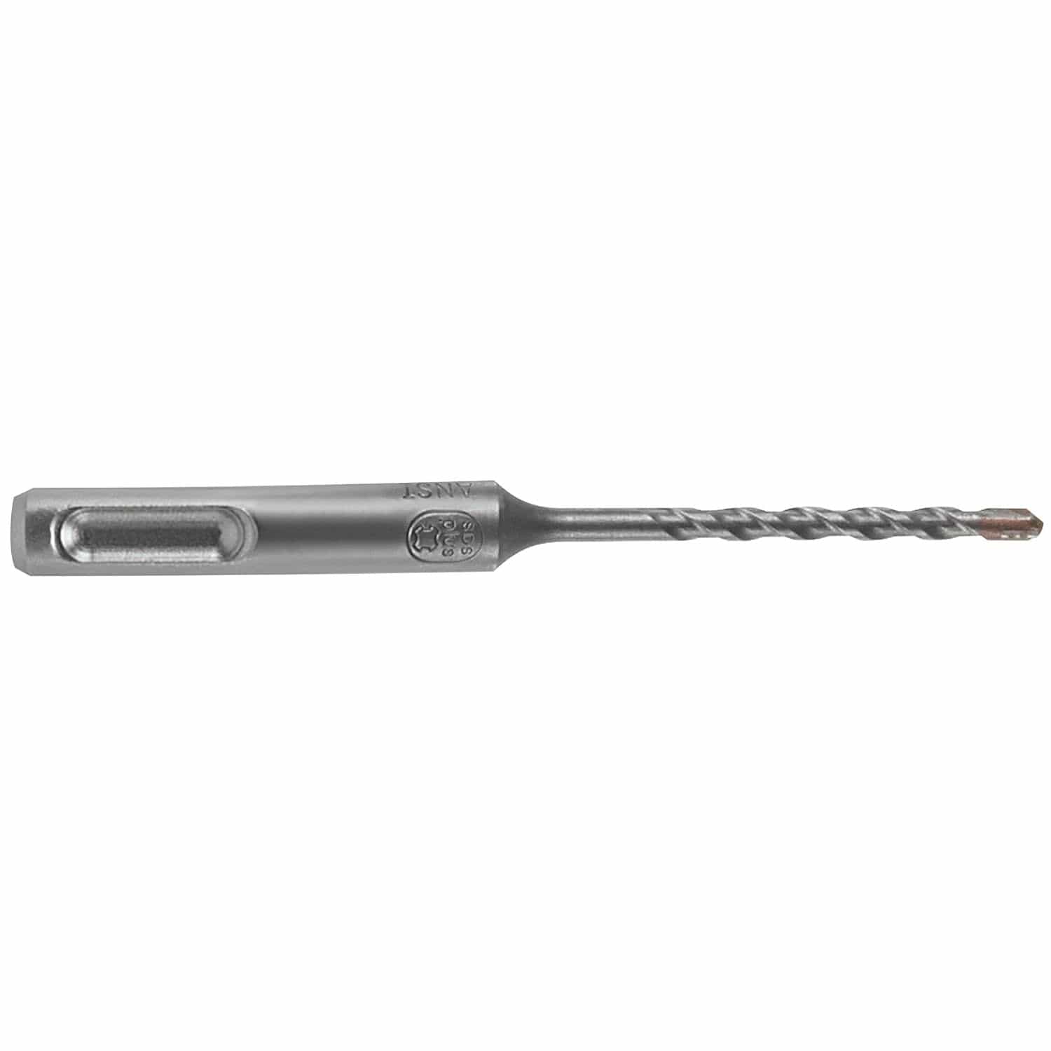 Bosch B80034 SDS Plus shank hammer drill bit shown horizontally on a crisp white background, highlighting its thick slotted SDS-plus machining shank stamped with an official product emblem, a precision-machined right-hand dual spiral flute flute design for continuous dust clearance, and a heavy-duty 2-cutter carbide-tipped point optimized for percussion boring through structural concrete, aggregate, and masonry blocks.