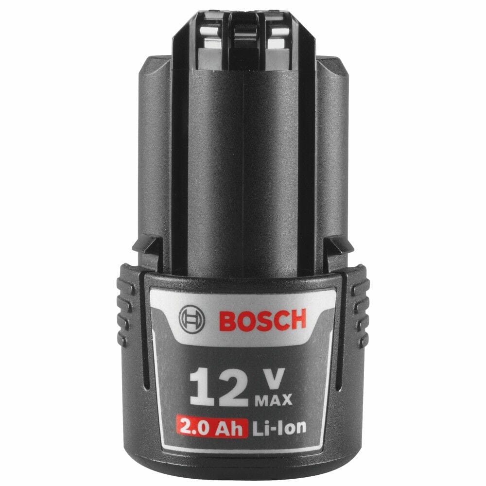 Front view of a Bosch 12V Max 2.0 Ah Lithium-Ion battery pack, featuring a black cylindrical design with the red and white Bosch logo and technical labels.