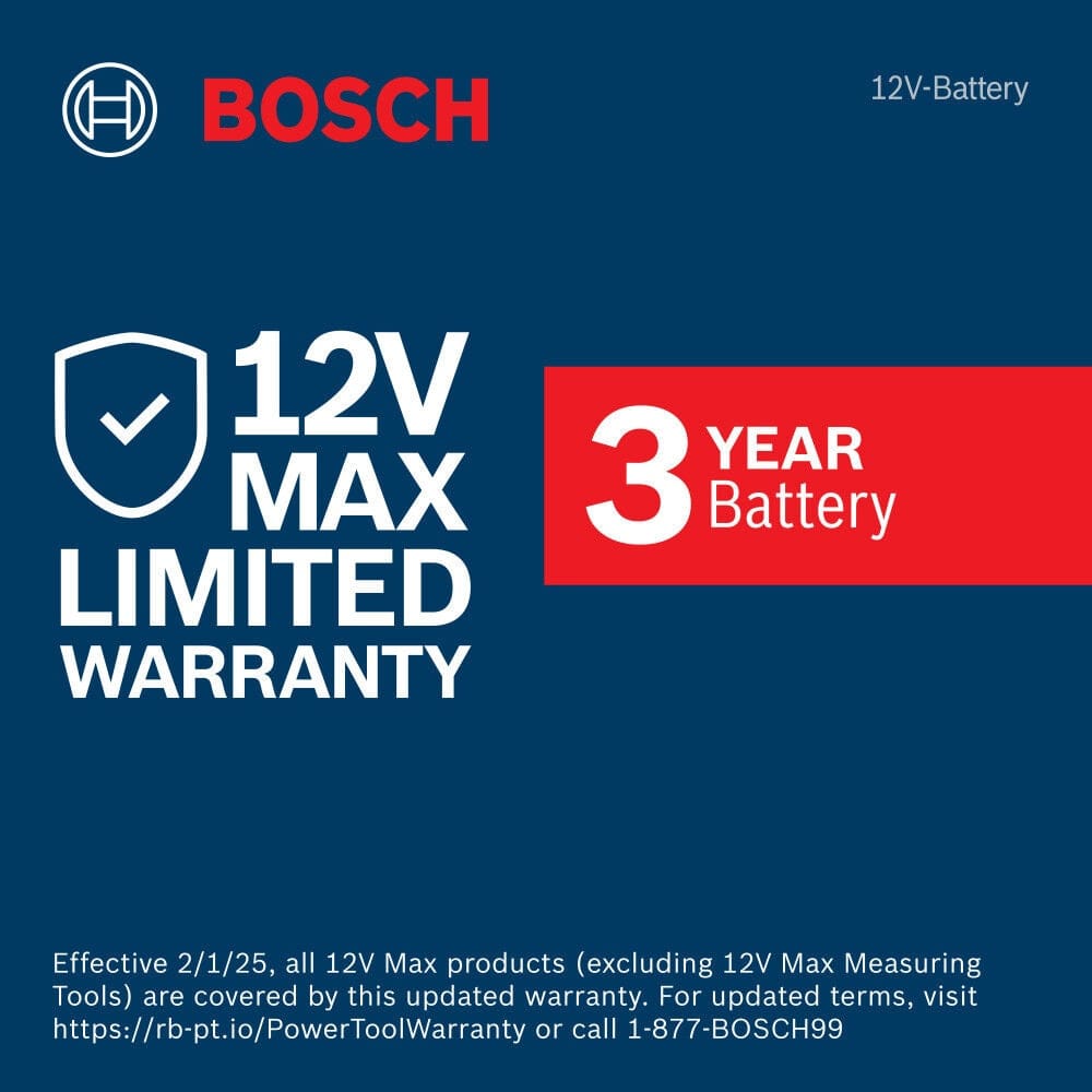 A promotional graphic for the Bosch 12V Max Limited Warranty, featuring a 3-year battery protection plan. The design includes the Bosch logo on a dark blue background with white and red text, noting that as of February 1, 2025, all 12V Max products, excluding measuring tools, are covered by this updated warranty.