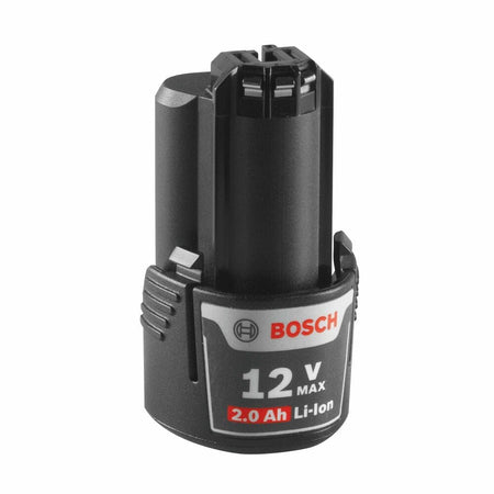 Perspective view of the Bosch BAT414 12V Max 2.0 Ah battery, showing the top contact points and the slim, ergonomic cylinder housing.