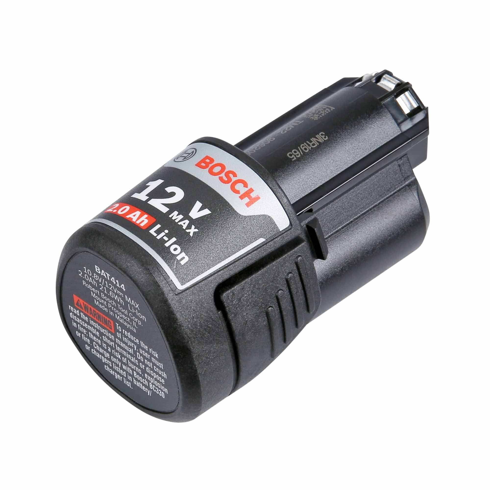 View of the base of the Bosch 12V battery, displaying the model number BAT414, technical power specifications, and safety warning information.