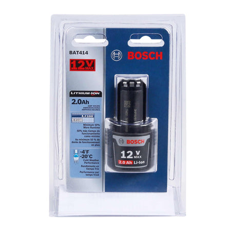 The Bosch BAT414 12V Max 2.0 Ah battery in its retail blister packaging, highlighting 50 percent more runtime and cold weather performance down to -4 degrees Fahrenheit.