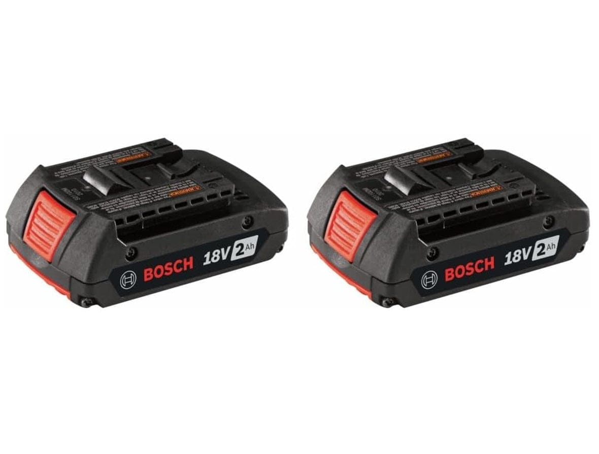 Two Bosch 18V 2.0 Ah lithium-ion battery packs displayed side-by-side. Each battery is black with red accents on the release button and side labels reading Bosch 18V 2Ah.