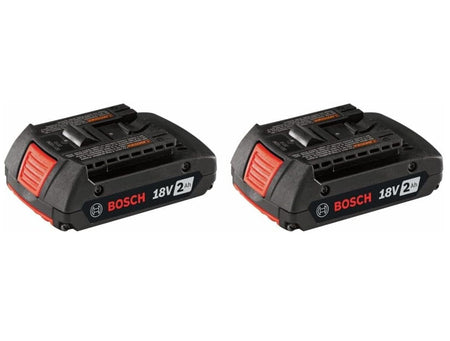 Two Bosch 18V 2.0 Ah lithium-ion battery packs displayed side-by-side. Each battery is black with red accents on the release button and side labels reading Bosch 18V 2Ah.