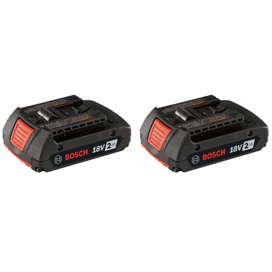 Two Bosch 18V 2.0 Ah lithium-ion battery packs displayed side-by-side. Each battery is black with red accents on the release button and side labels reading Bosch 18V 2Ah.