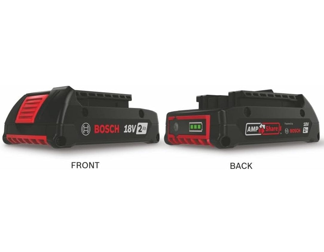 Two views of the battery pack labeled Front and Back. The back view highlights the integrated fuel gauge with a green light indicator and a press-to-test button.