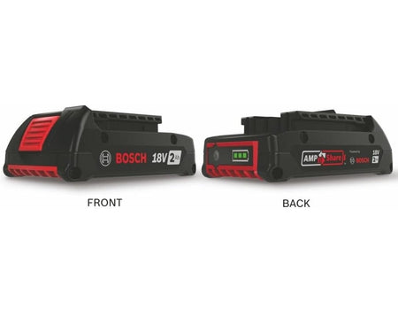 Two views of the battery pack labeled Front and Back. The back view highlights the integrated fuel gauge with a green light indicator and a press-to-test button.