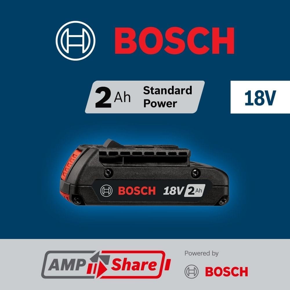 A single Bosch 18V 2Ah battery pack shown on a blue background with the AMPShare logo and 2Ah Standard Power branding.