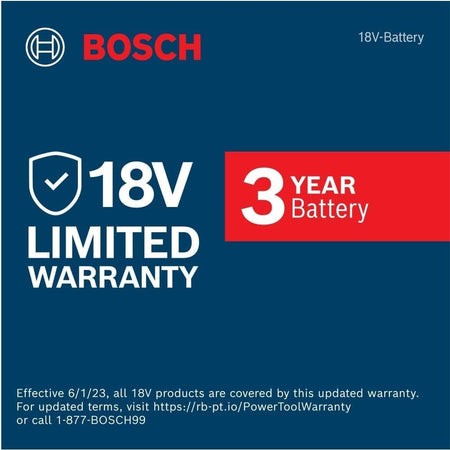 A Bosch warranty informational graphic stating an 18V Max Limited Warranty of 3 years for batteries, effective June 1, 2023.
