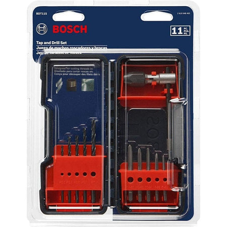 A studio photograph of the Bosch BDT11S 11-piece tap and drill set in its original clear plastic retail clamshell packaging, showing the organized interior and T-handle wrench.