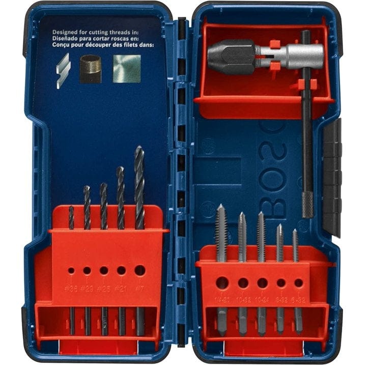 A top-down studio photograph of the opened Bosch BDT11S set, displaying five black drill bits, five silver plug taps, and a T-handle tap wrench in red labeled slots.