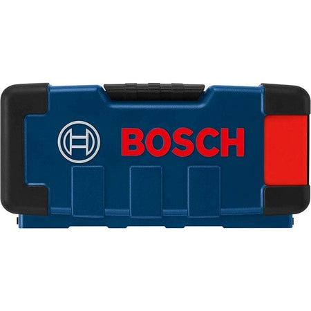 A studio photograph of the top of a closed blue Bosch plastic storage case featuring the red and white Bosch logo on a textured surface.