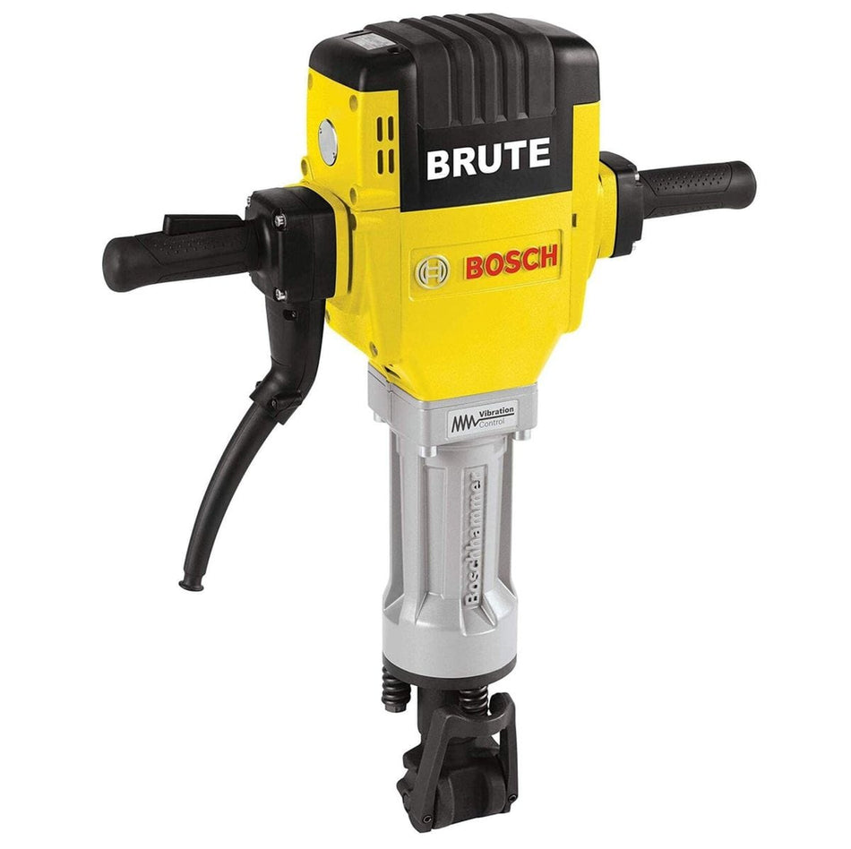 Bosch Brute Breaker Hammer with circular base, black handles, depth adjustment knob, and measurement scale for controlled demolition and shaping.
