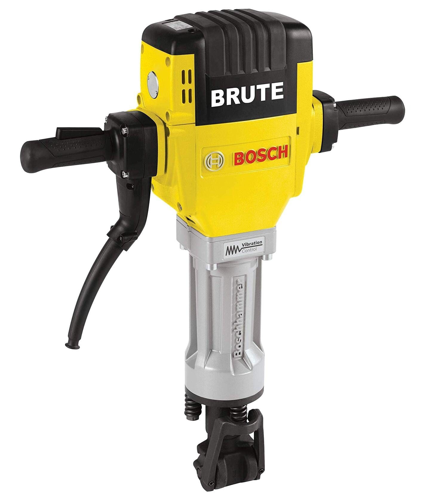 Bosch Brute Breaker Hammer with circular base, black handles, depth adjustment knob, and measurement scale for controlled demolition and shaping.