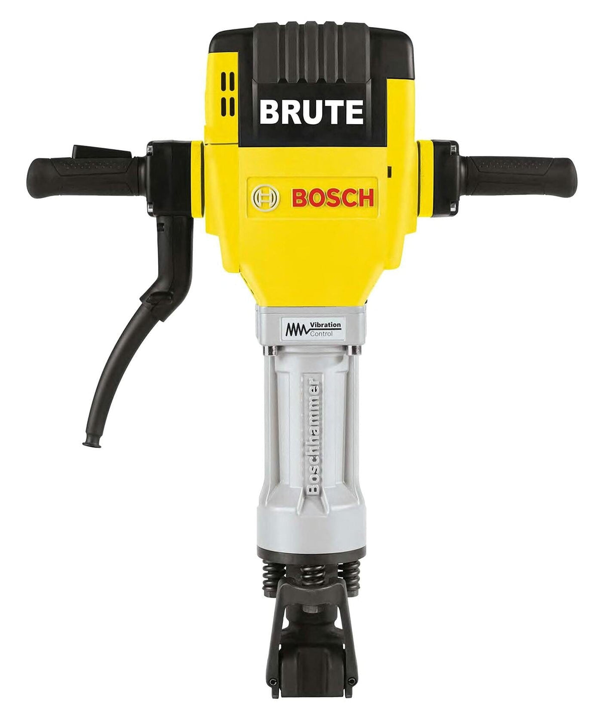 Bosch BH2760VC breaker hammer with blue and silver casing, black handles, vertical depth scale, and clear base plate for accurate demolition work.