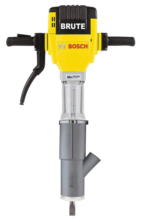 Bosch Brute Breaker Hammer with blue and silver body, black and red handles, transparent base plate, and dust extraction hose for clean operation.
