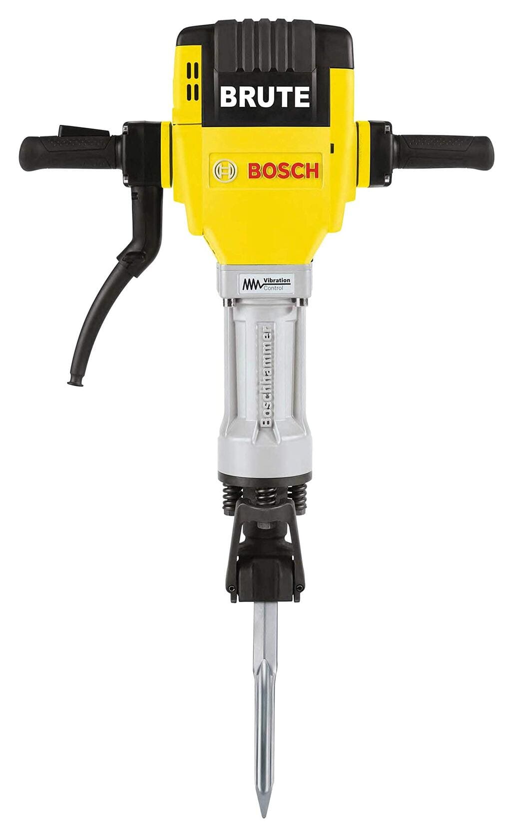 Bosch BH2760VC breaker hammer with dual handles, depth adjustment lever, and collet, designed for heavy-duty concrete breaking and shaping.