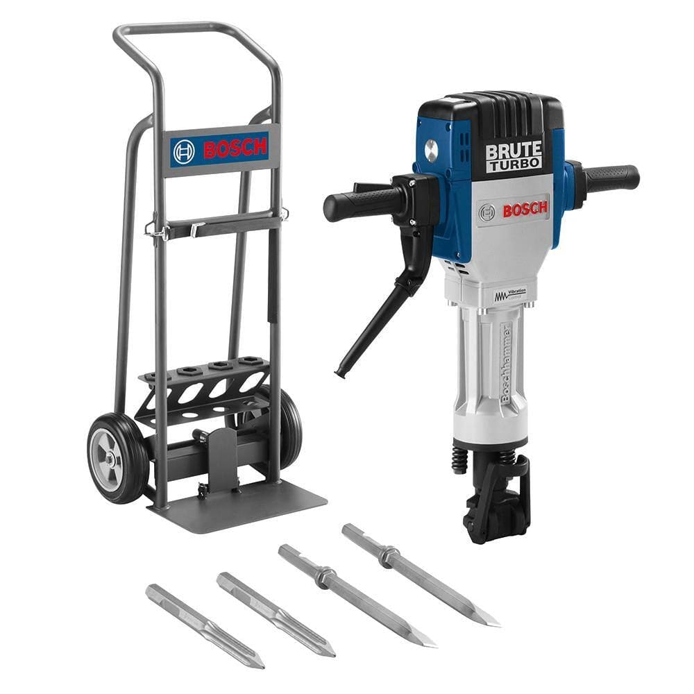 A photo of the full Bosch BH2770VCD Brute Turbo heavy-duty concrete demolition breaker hammer kit. The set features a blue and silver 120V 15A breaker hammer with a pointed hex chisel attached, standing upright. Next to it is a dark grey deluxe rolling transport cart with pneumatic tires and the Bosch logo. At the bottom, four loose hex shank chisels—two narrow flat and two star point—are neatly arranged on a clean white floor against a clean white background.
