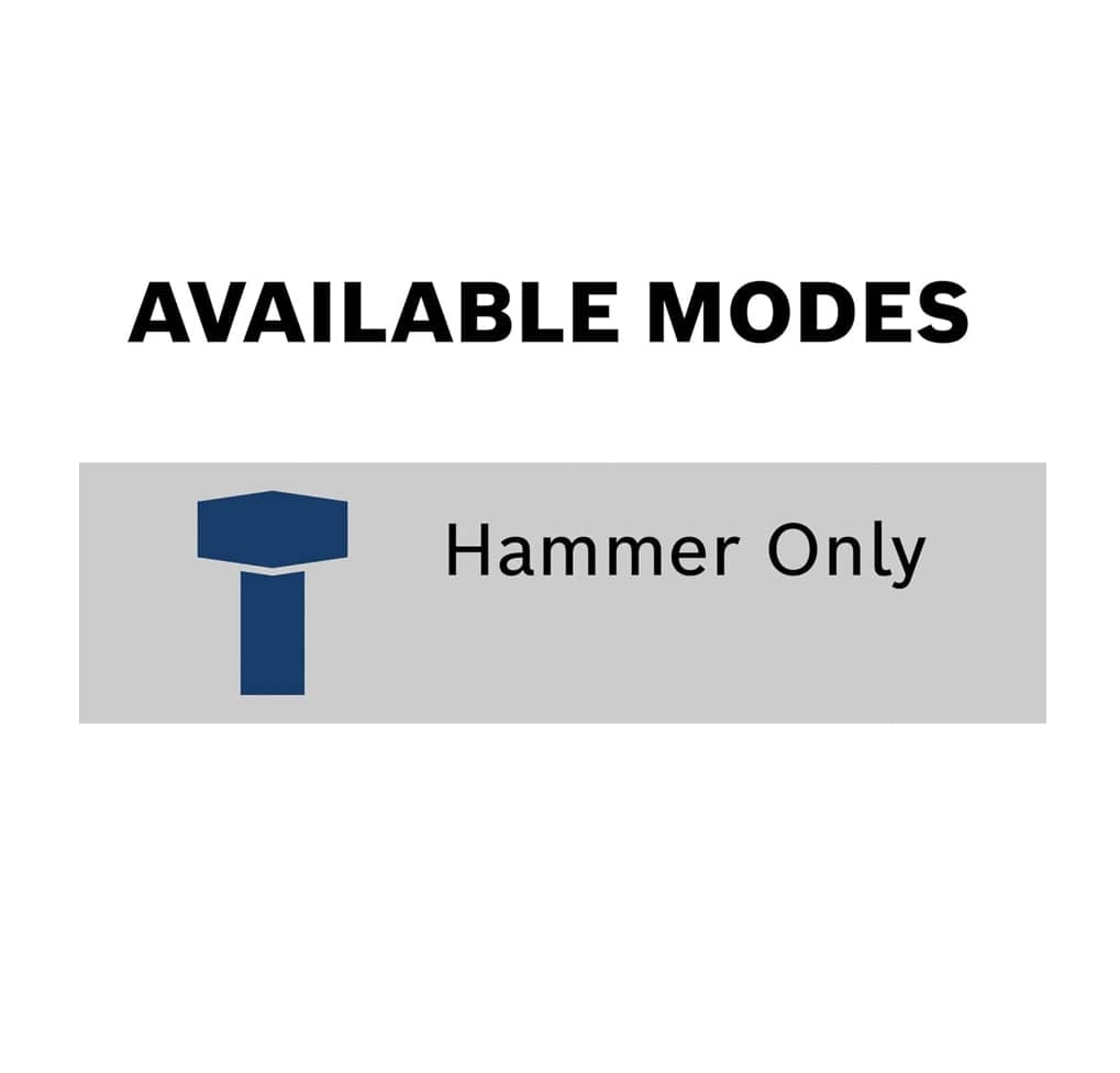 A clean text-only graphic diagram against a simple blue header, and grey and white background, illustrating tool capability. Next to a simple dark hammer icon, the text reads: AVAILABLE MODES - Hammer Only.