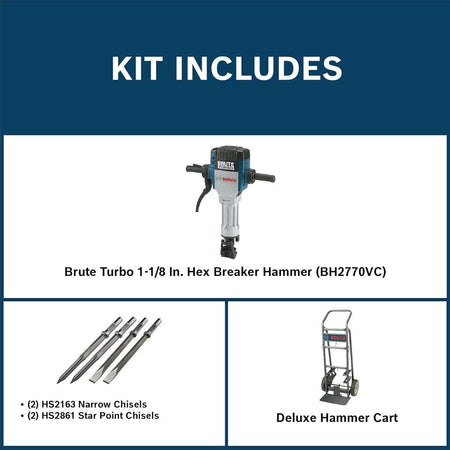 A visual breakdown diagram of "KIT INCLUDES" for the Bosch breaker hammer set. In three distinct boxes with model numbers, the components are: (1) BH2770VC Brute Turbo 1-1/8 in. Hex Breaker Hammer, (2) HS2163 Narrow Chisels, (2) HS2861 Star Point Chisels, and (1) T1757 Deluxe Hammer Cart. Each item is pictured next to its corresponding text label against a clean blue and white background.