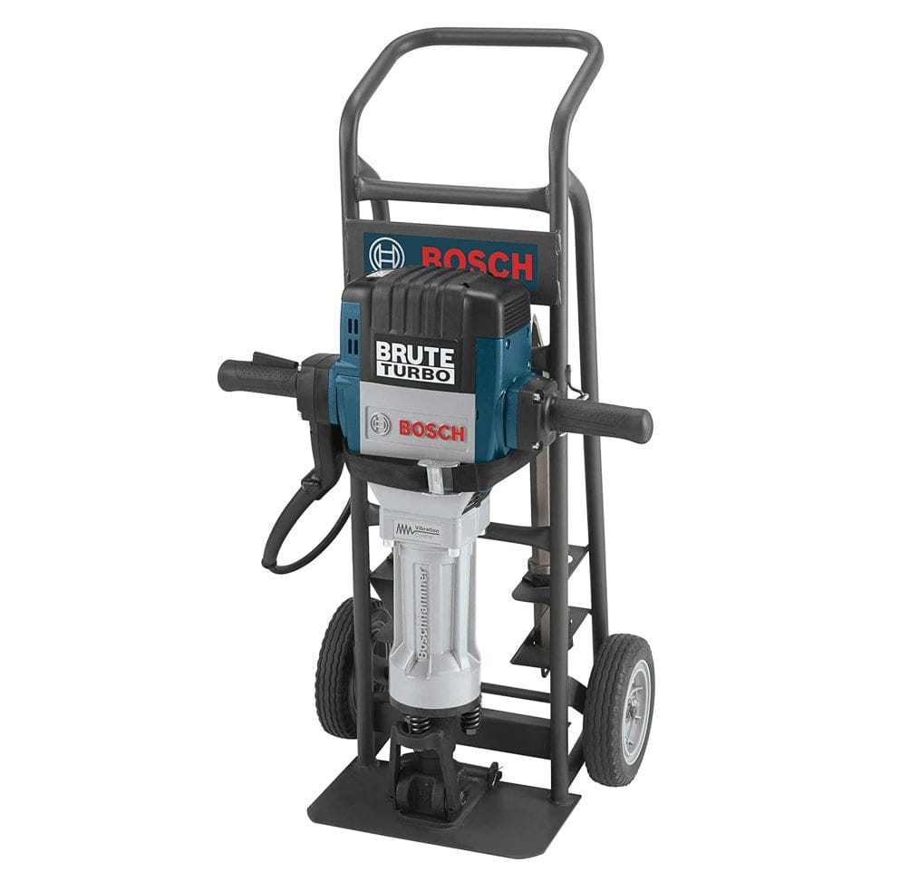 A detailed close-up photo focusing on the front body of the Bosch Brute Turbo breaker hammer. This view highlights the blue and silver motor housing, the side handles, the trigger lever, and the clear branding with the "BOSCH" logo, "BRUTE TURBO" label, and "Vibration Control" indicator, showcasing the quality and controls of the professional concrete tool.