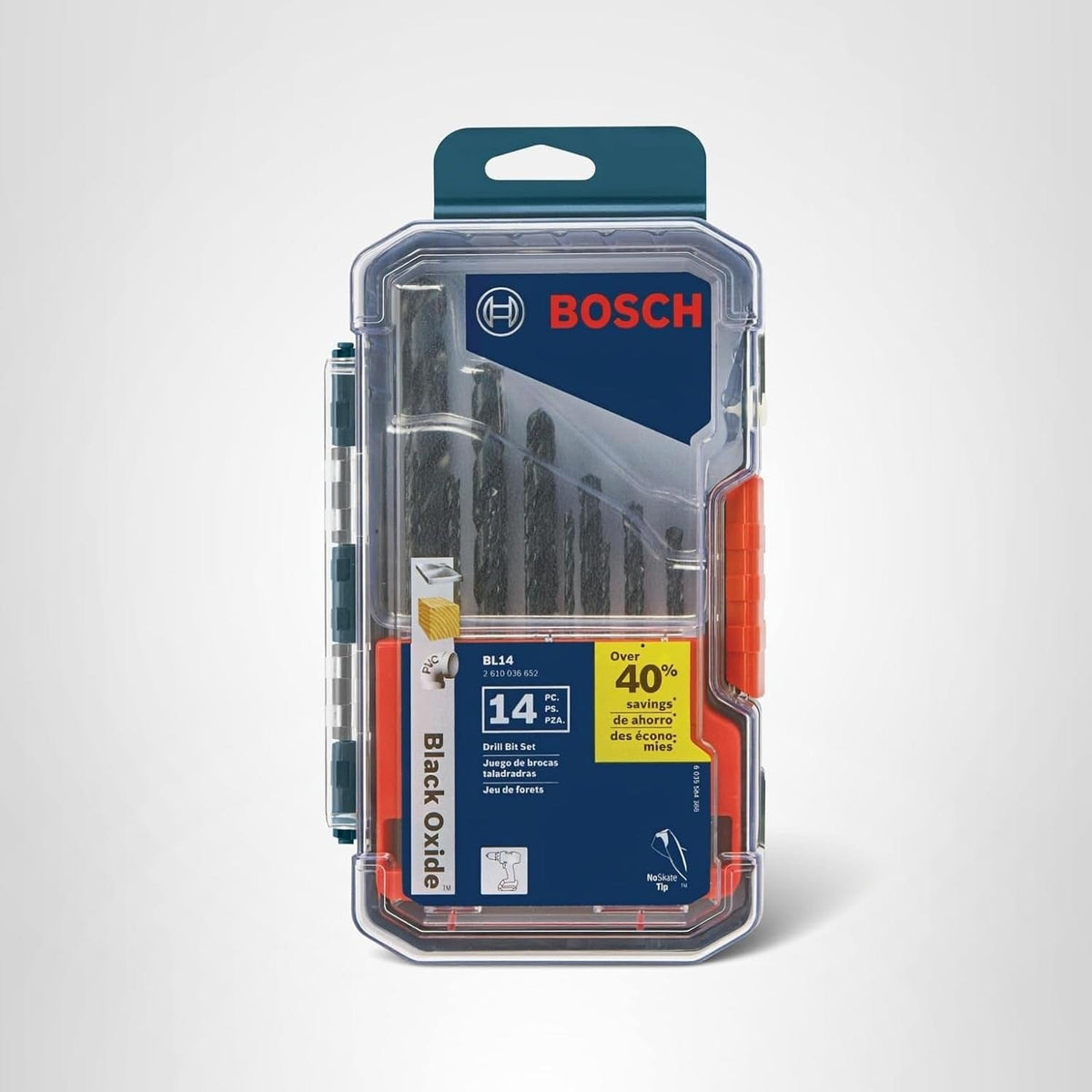 Front view of the retail packaging showing the clear plastic case containing the 14-piece drill bit set with orange side latches and Bosch branding.