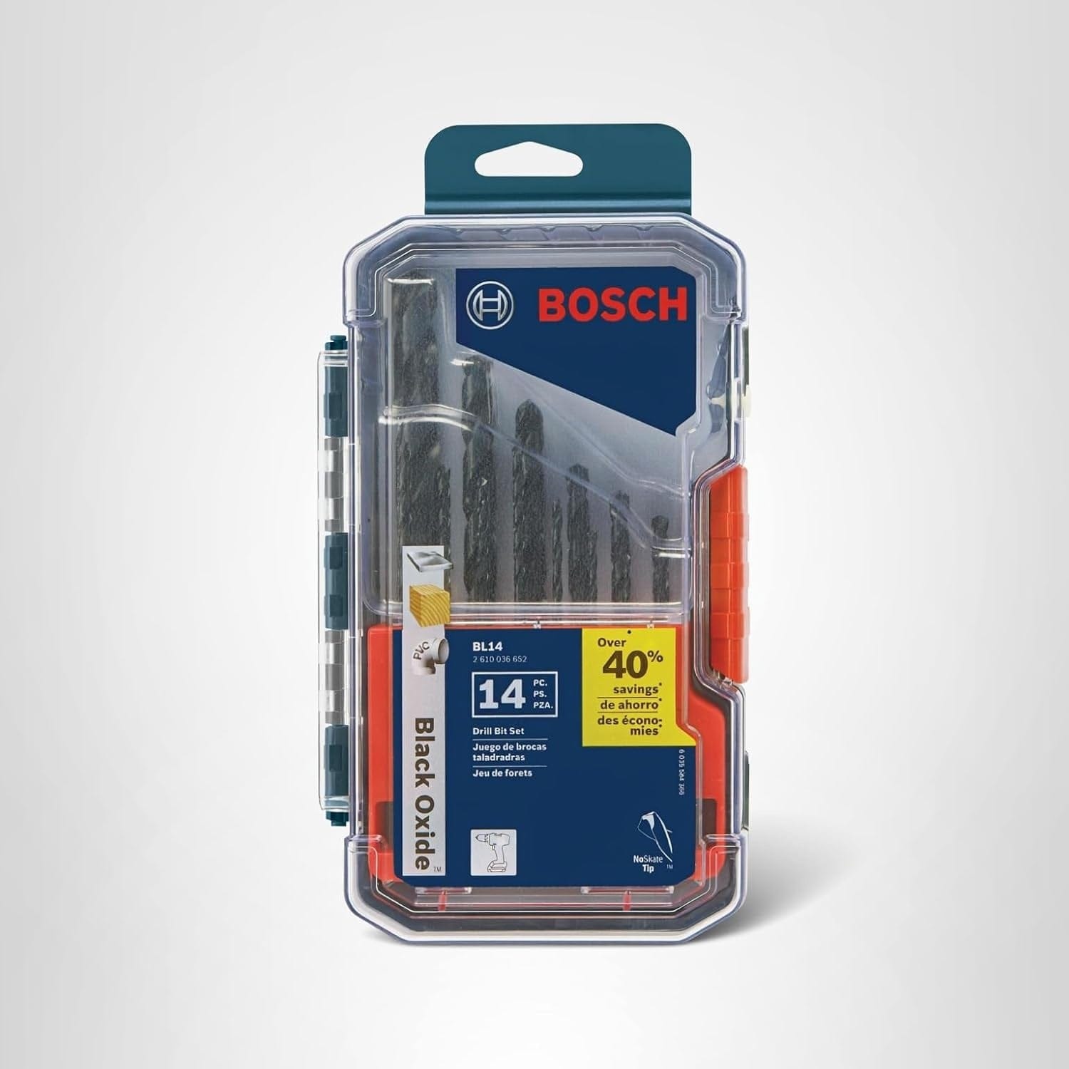 Front view of the retail packaging showing the clear plastic case containing the 14-piece drill bit set with orange side latches and Bosch branding.