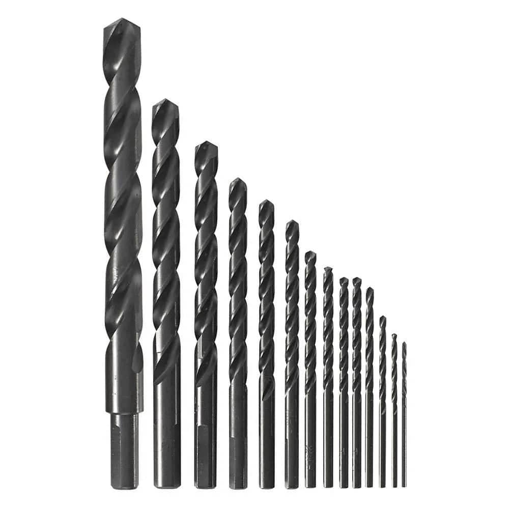 Studio layout of the black oxide drill bits arranged in descending order of size to show the spiral flute design and varying lengths.