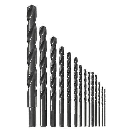 Studio layout of the black oxide drill bits arranged in descending order of size to show the spiral flute design and varying lengths.