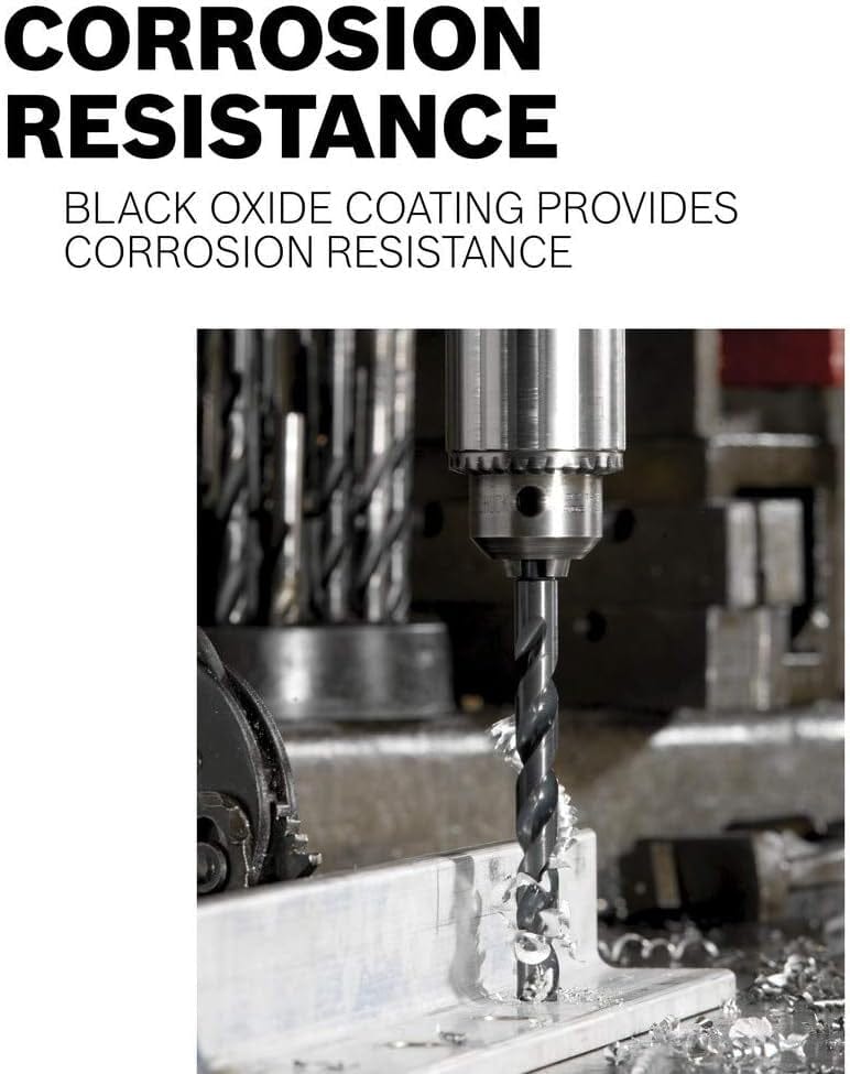 Action shot of a black oxide bit drilling into metal with shavings flying, accompanied by text stating Corrosion Resistance Black Oxide coating provides corrosion resistance.