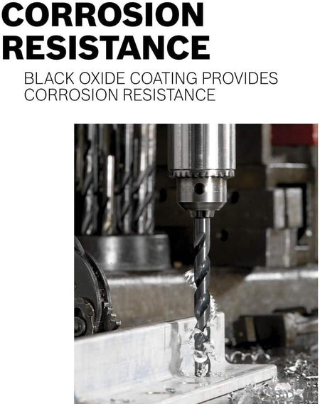 Action shot of a black oxide bit drilling into metal with shavings flying, accompanied by text stating Corrosion Resistance Black Oxide coating provides corrosion resistance.