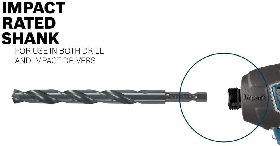 Infographic titled Impact Rated Shank demonstrating the bit shank aligned with an impact driver chuck to indicate compatibility with both drills and impact drivers.