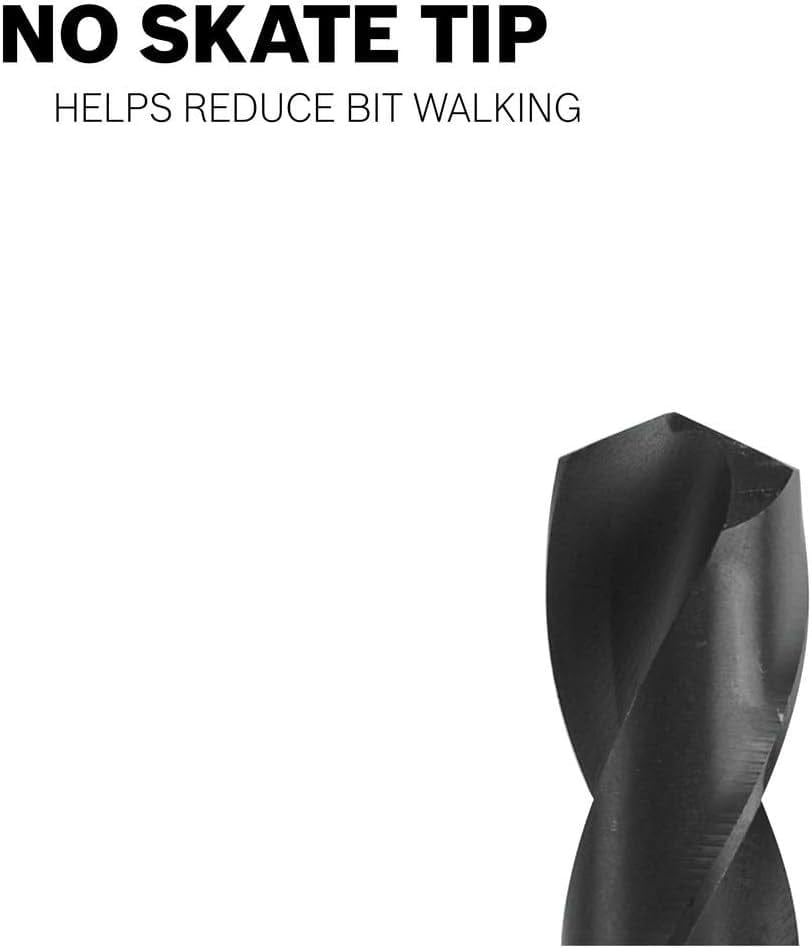 Close-up view of the drill bit tip highlighting the split point geometry with text No Skate Tip Helps reduce bit walking.