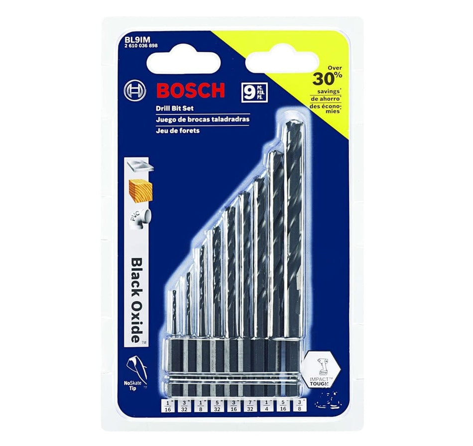 Bosch BL9IM 9 Piece Black Oxide Impact Tough Metal Drill Bit Set with 1/4 Inch Hex Shank for Steel Wood Plastic and Masonry Applications