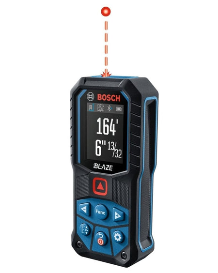 Studio shot of the Bosch BLAZE GLM165-27C laser measure with the screen displaying a 164 foot measurement and the red laser beam pointing upward