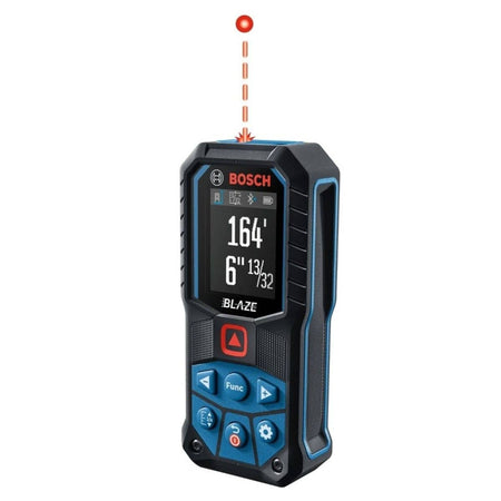 Studio shot of the Bosch BLAZE GLM165-27C laser measure with the screen displaying a 164 foot measurement and the red laser beam pointing upward