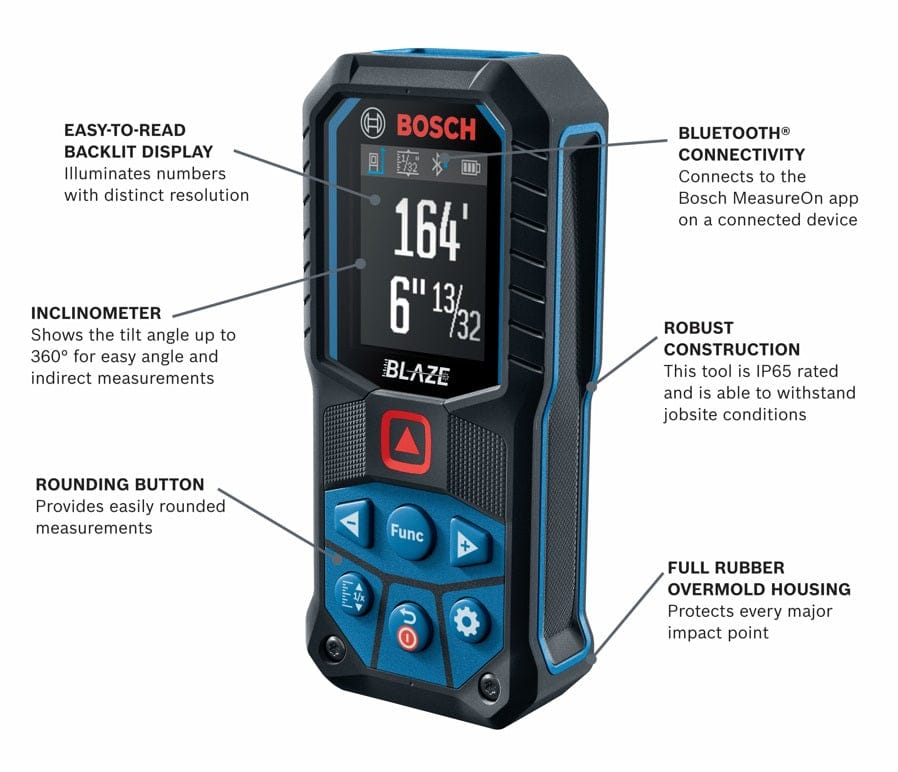 Infographic diagram of the Bosch GLM165-27C labeling key features including the backlit color display, inclinometer, rounding button, Bluetooth connectivity, and IP65-rated robust construction