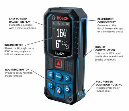 Infographic diagram of the Bosch GLM165-27C labeling key features including the backlit color display, inclinometer, rounding button, Bluetooth connectivity, and IP65-rated robust construction