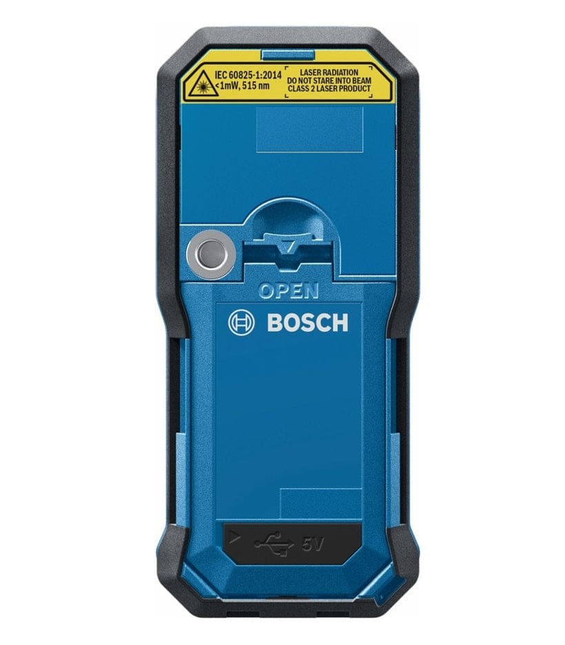 Rear view of the Bosch GLM165-27C showing the blue battery compartment cover, laser warning label, and the charging/data port location